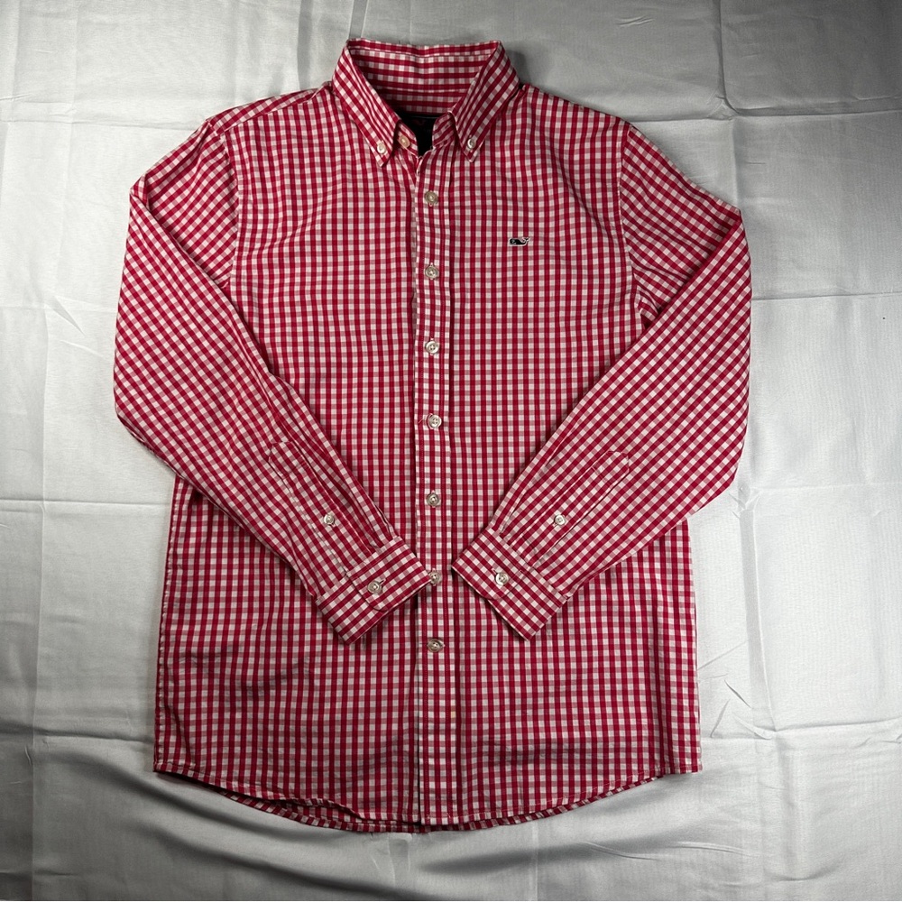 Vineyard Vines Women Button Up Shirt L (16) Red Gingham Classic Whale Logo - 337